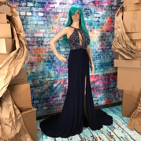 JOVANI Navy Beaded High Slit Halter Gown! #JP48849 - Picture 2 of 8